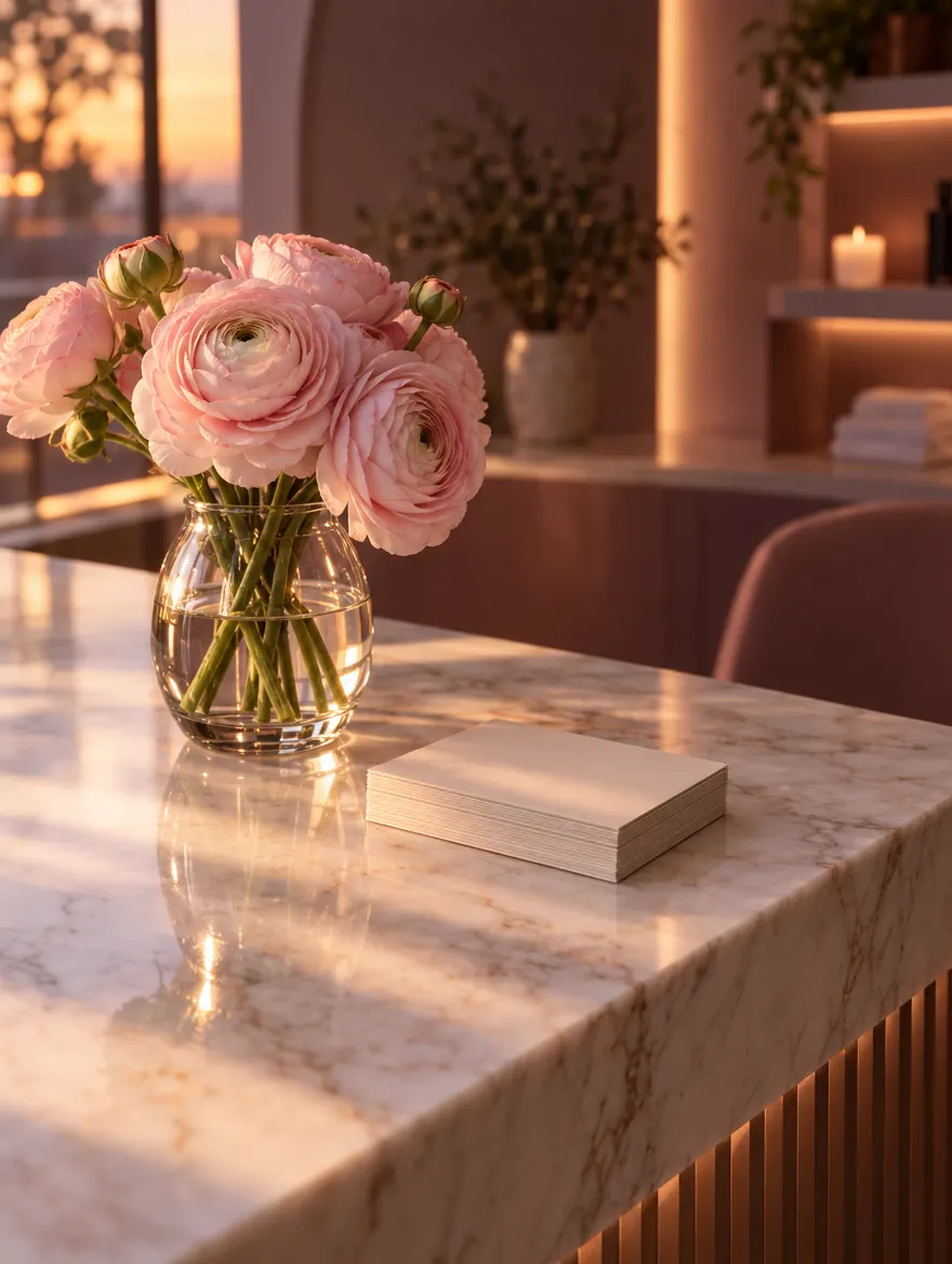 Pink ranunculus on a marble reception desk in evening light