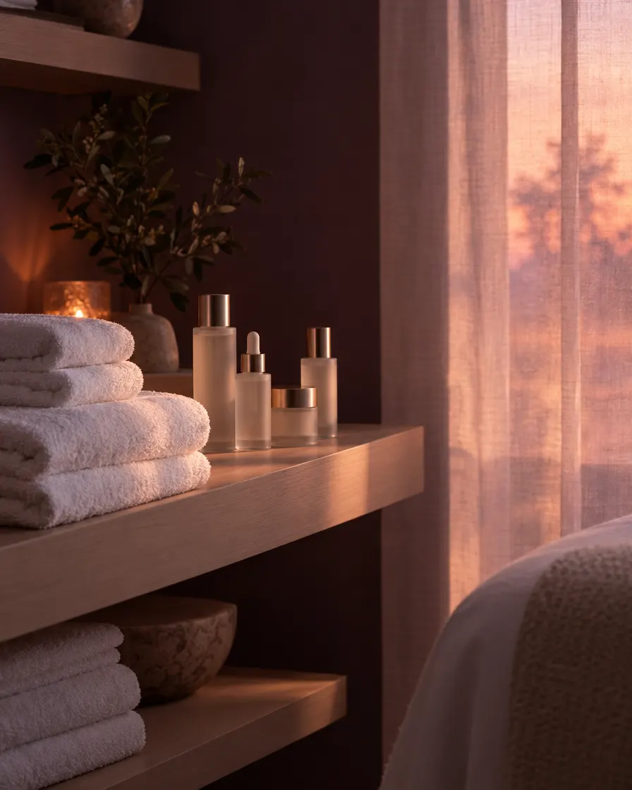 Folded towels and glass bottles in a treatment room at dusk